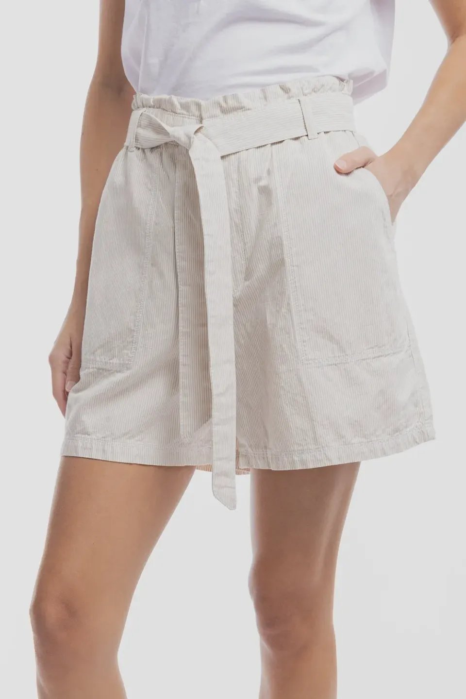 Teddy Smith S-Joy short donna grège righe lino paperbag
