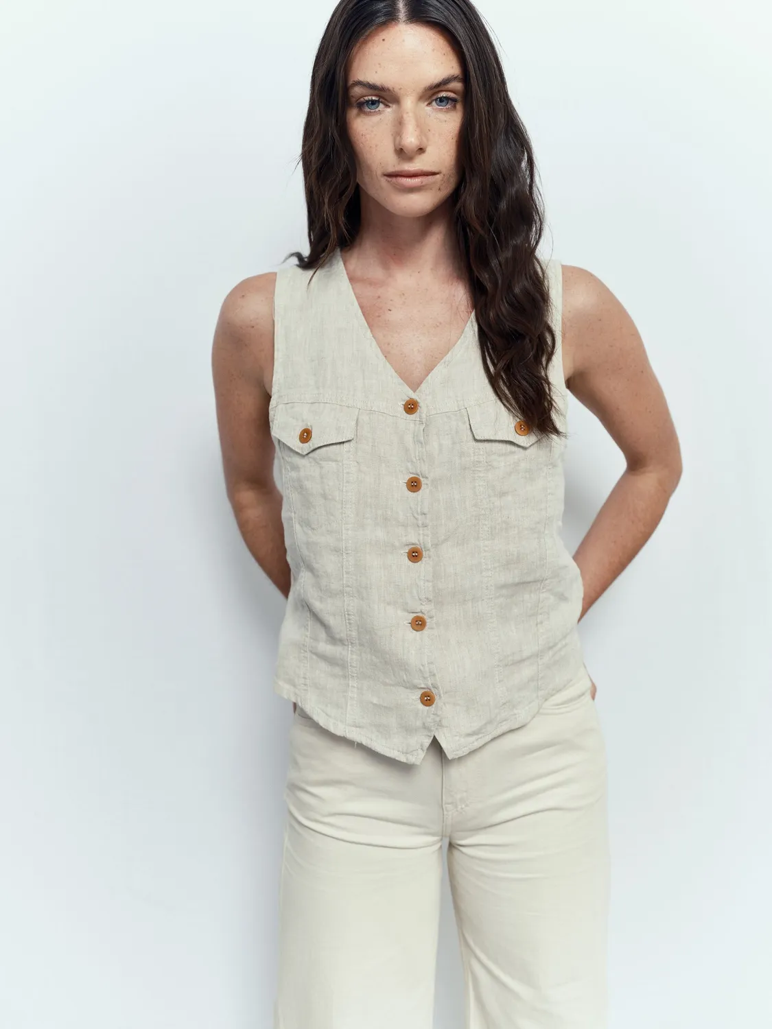 Acquaverde Trucker gilet lino Natural taglio dritto