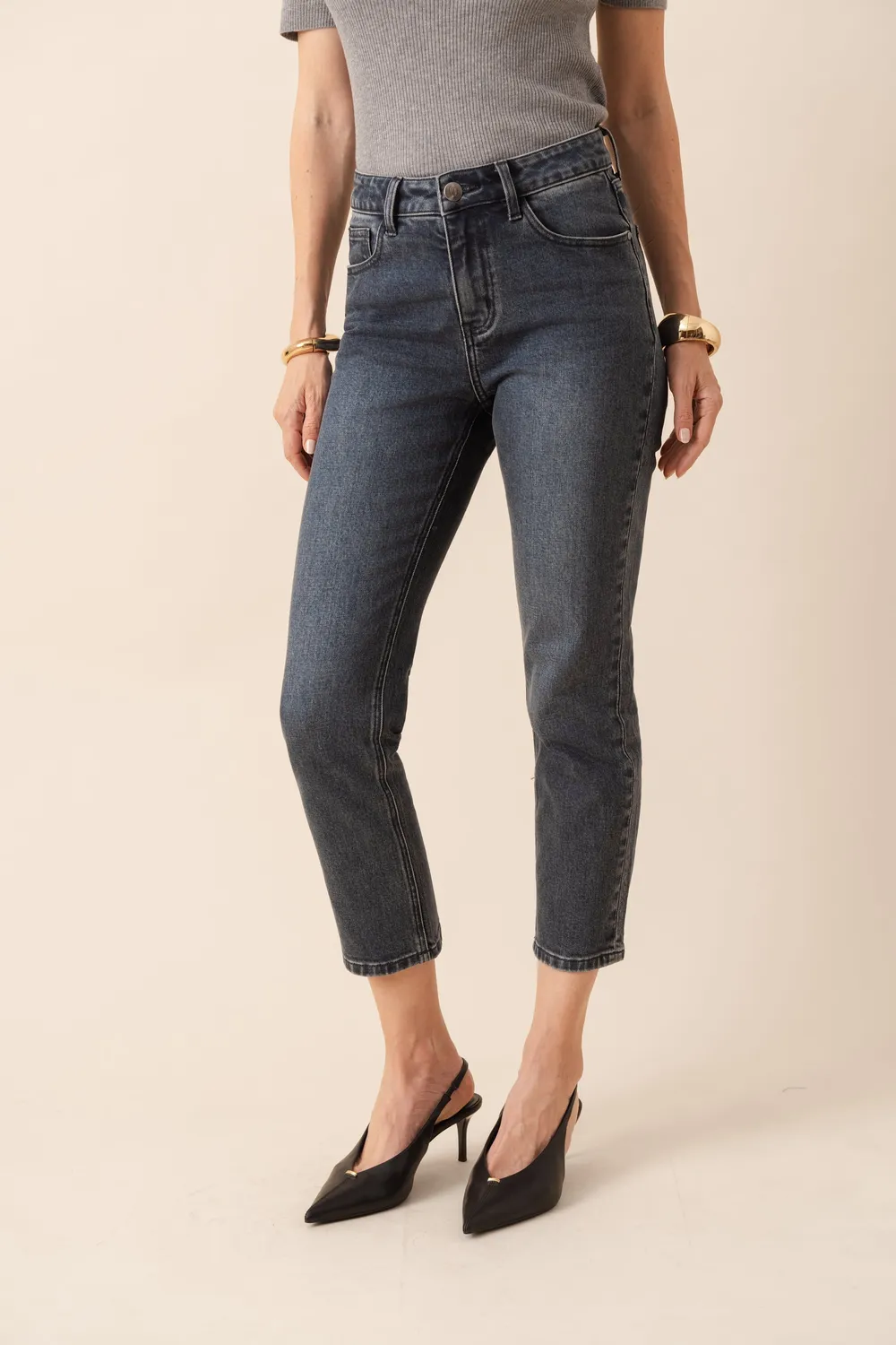 Oraije Mia jeans mom fit grigio blu denim per petite