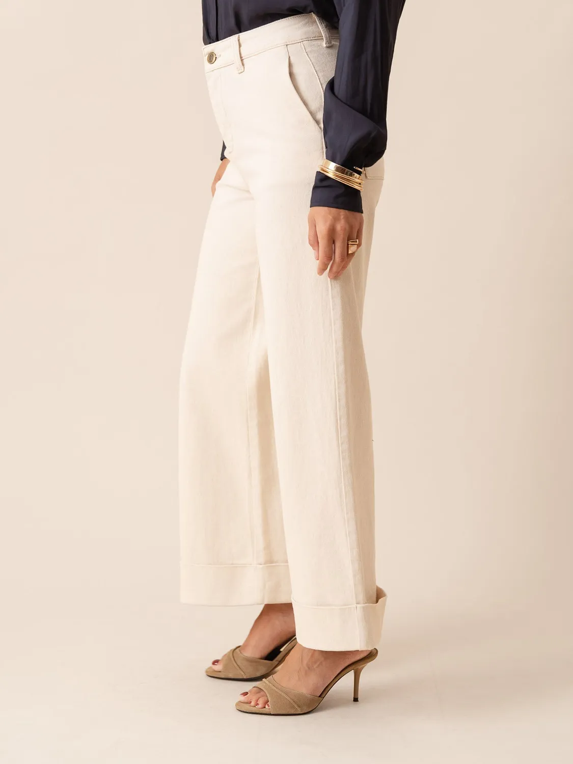 Oraije Vichy jeans wide beige naturale cotone