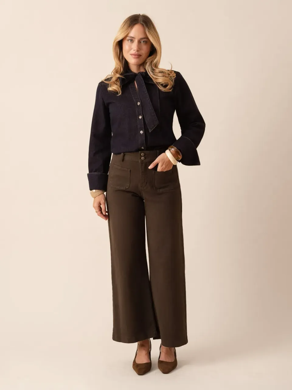 Oraije Violette jeans wide cioccolato vita alta