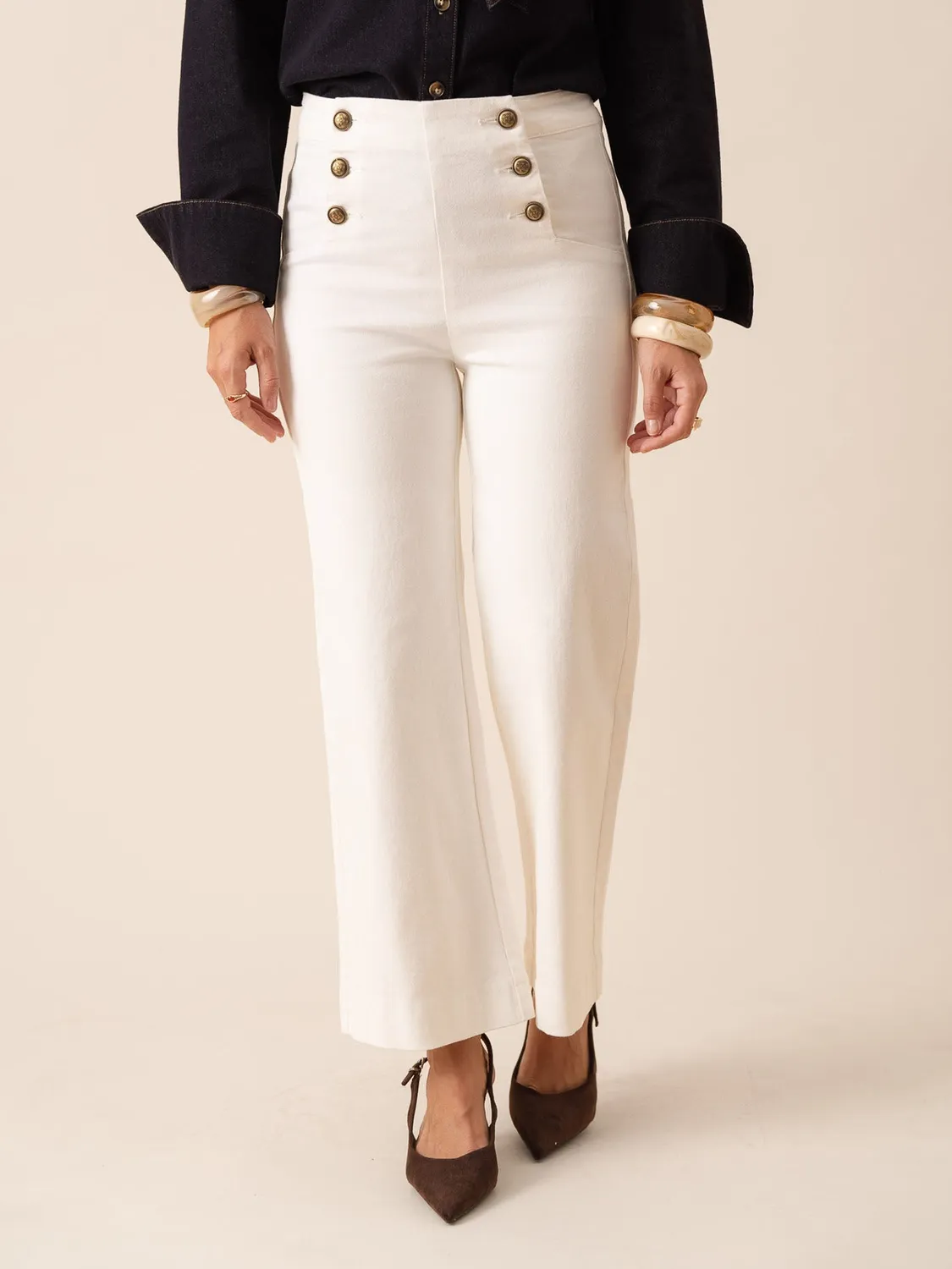Oraije Victorine jeans wide bianchi bottoni a ponte