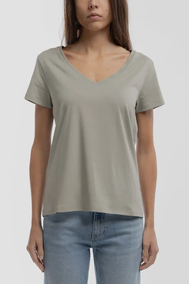 Teddy Smith T-Mia MC t-shirt kaki donna scollo a V