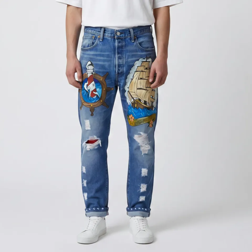 Never Say Never Jeans Levi's Nave Faro dipinto mano