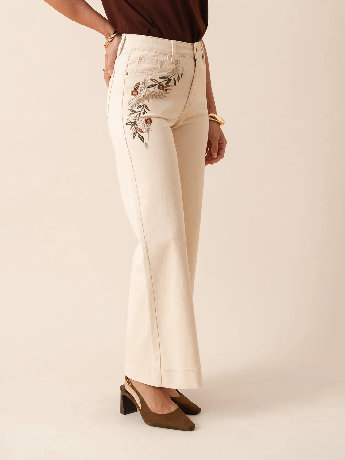 Oraije Boho jeans wide beige ricamo