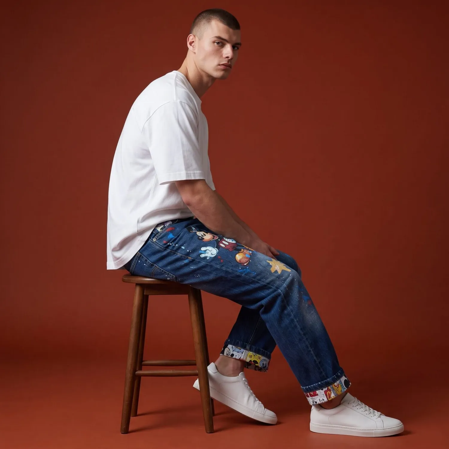 Never Say Never Levi's Vintage Topolino jeans dipinto fumetti