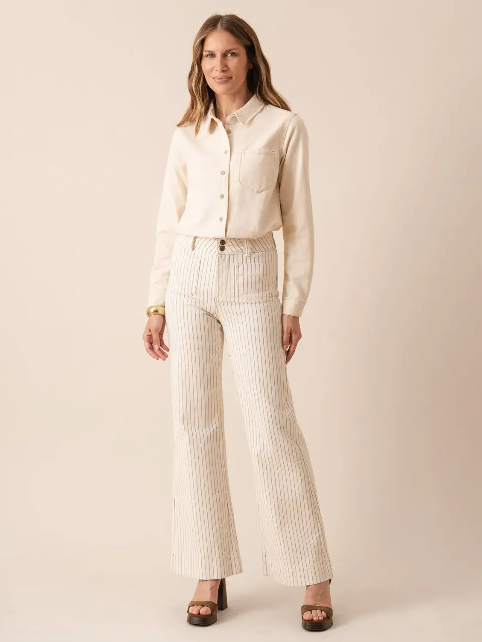 Oraije Elena jeans flare a righe natural in cotone