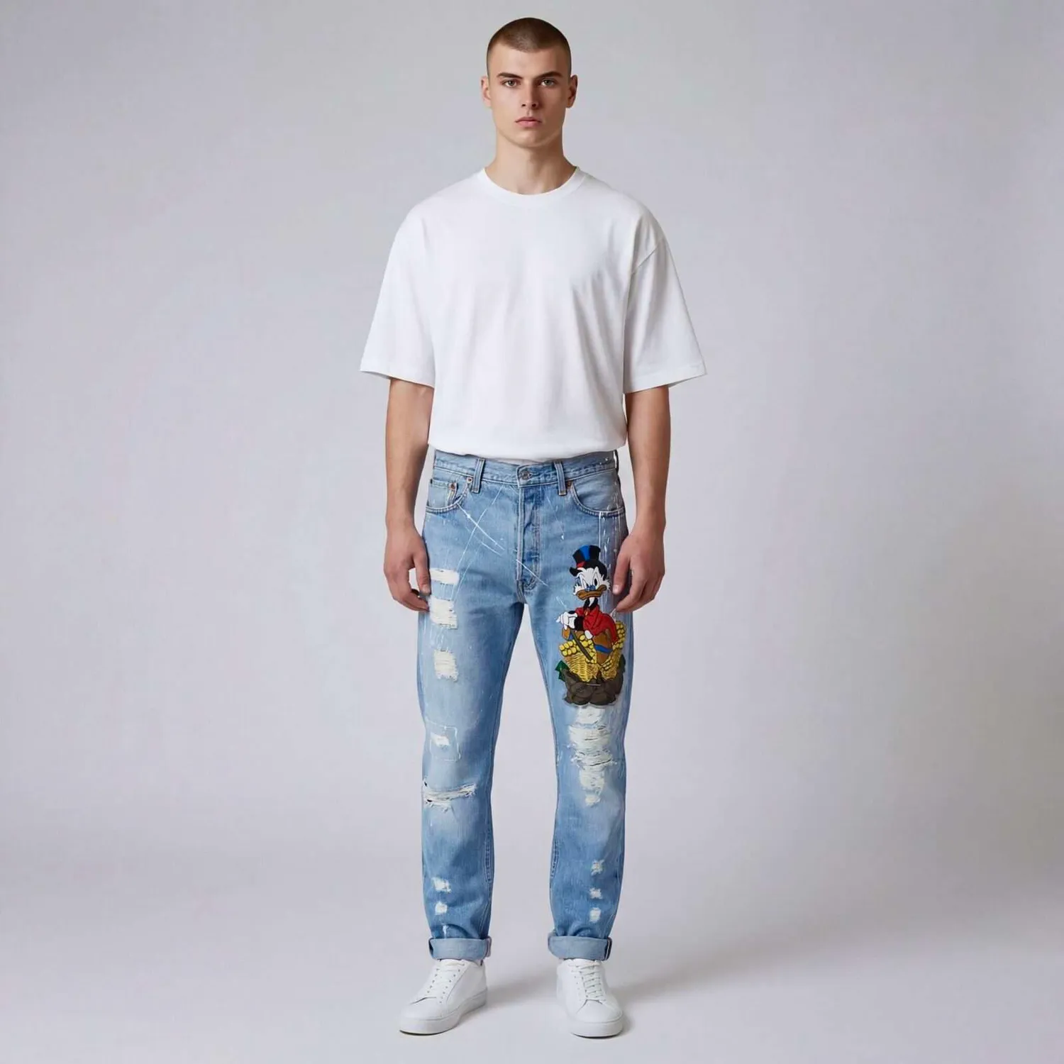 Never Say Never Zio Paperone Money Jeans Dipinti Mano
