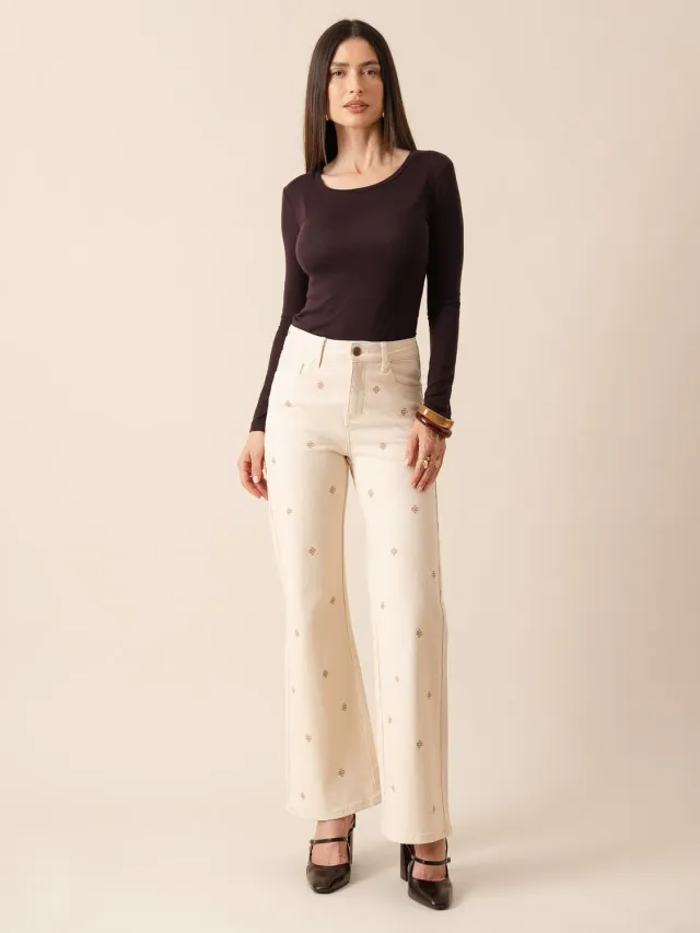 Oraije Doris jeans wide beige ricamato