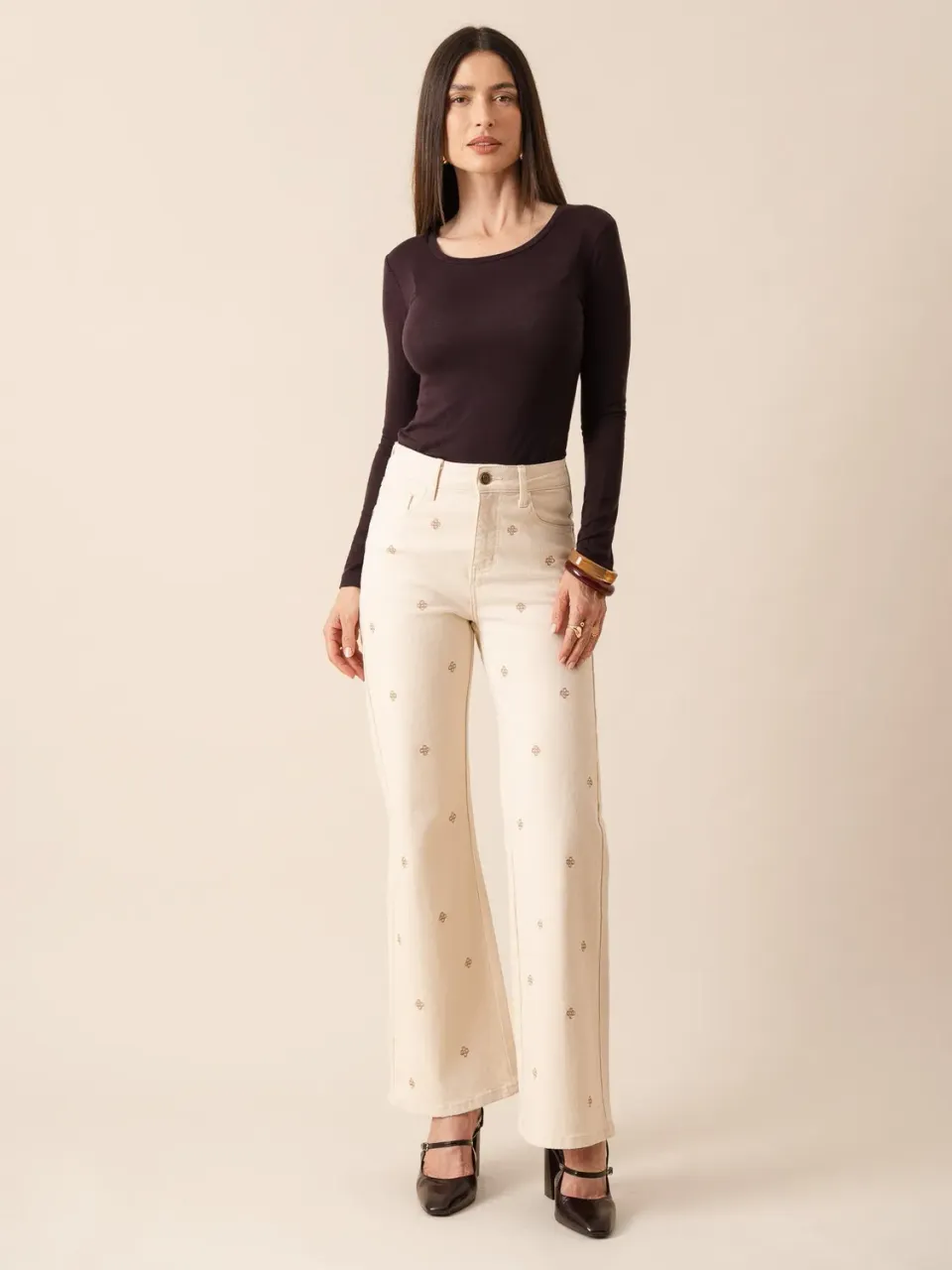 Oraije Doris jeans wide beige ricamato