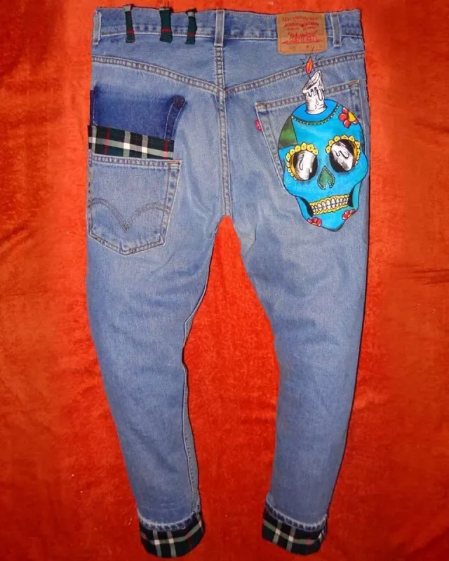 Levi's Vintage jeans teschio celeste tessuto check custom