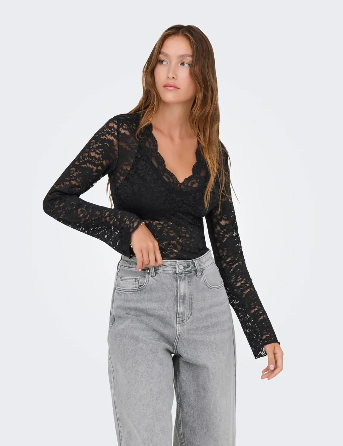 ONLY Onlnikka Top Donna nero pizzo manica lunga