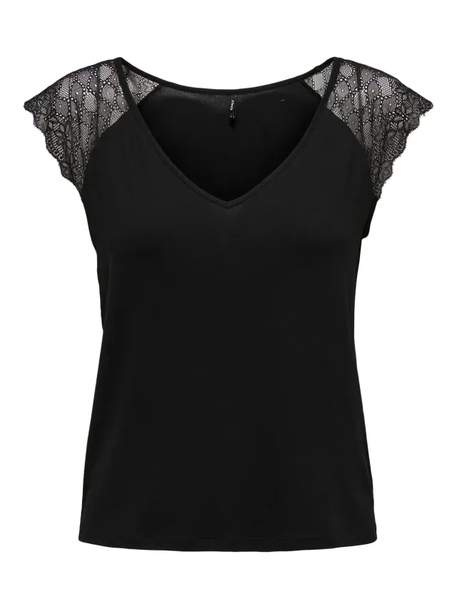 ONLY Onlpetra t-shirt donna manica corta misto pizzo nero