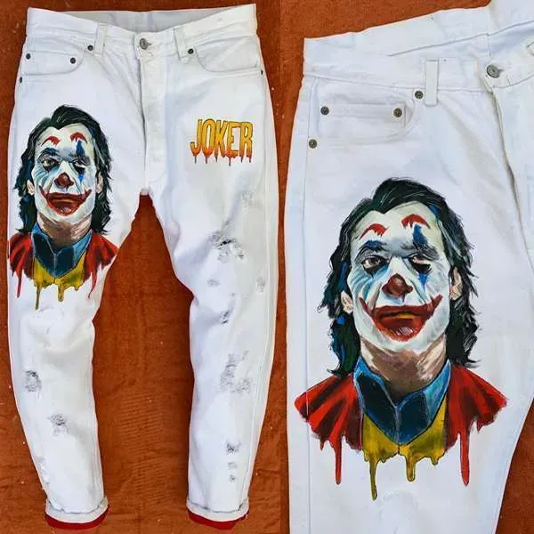 Never Say Never Joker Phoenix jeans bianchi dipinti a mano