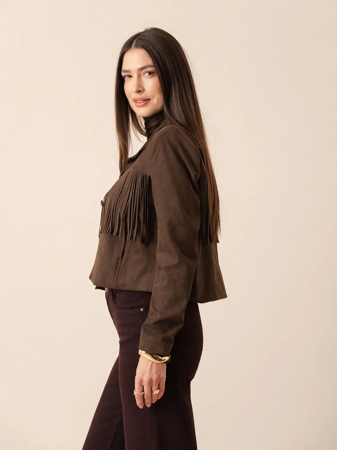 Oraije Dory giacca frange cioccolato suede