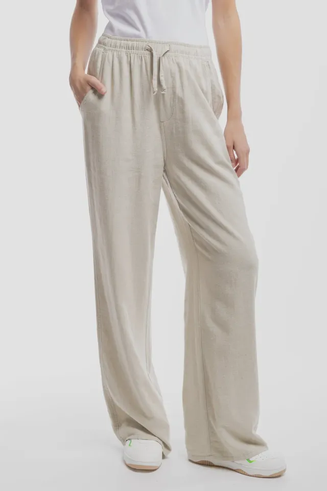 Teddy Smith P-Joan Wide Pantalone Donna Lino Beige Gamba Larga