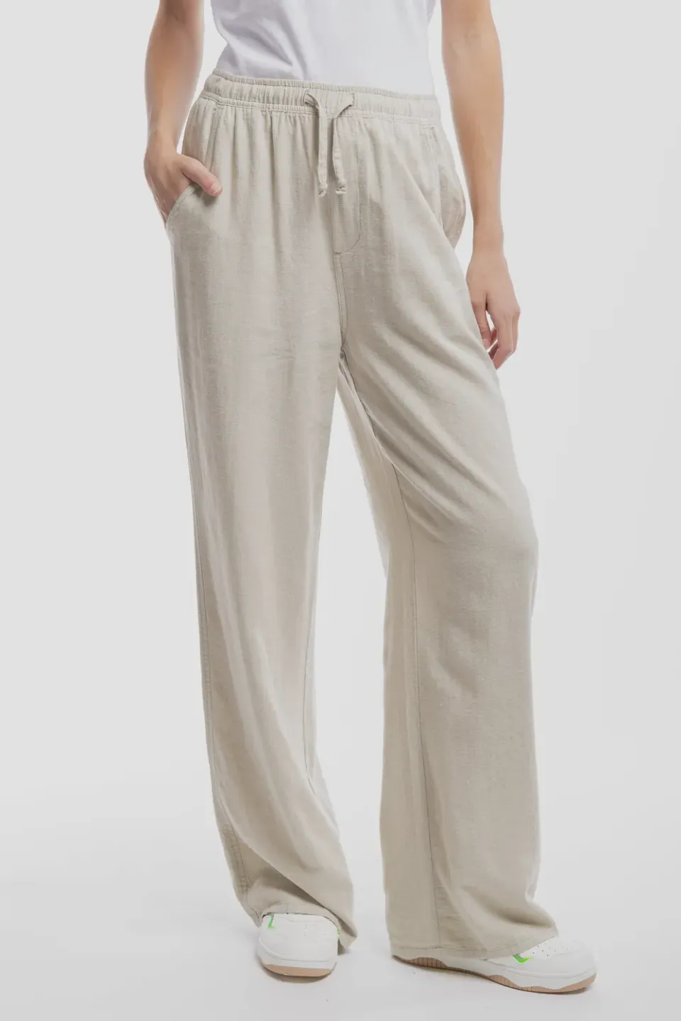 Teddy Smith P-Joan Wide Pantalone Donna Lino Beige Gamba Larga