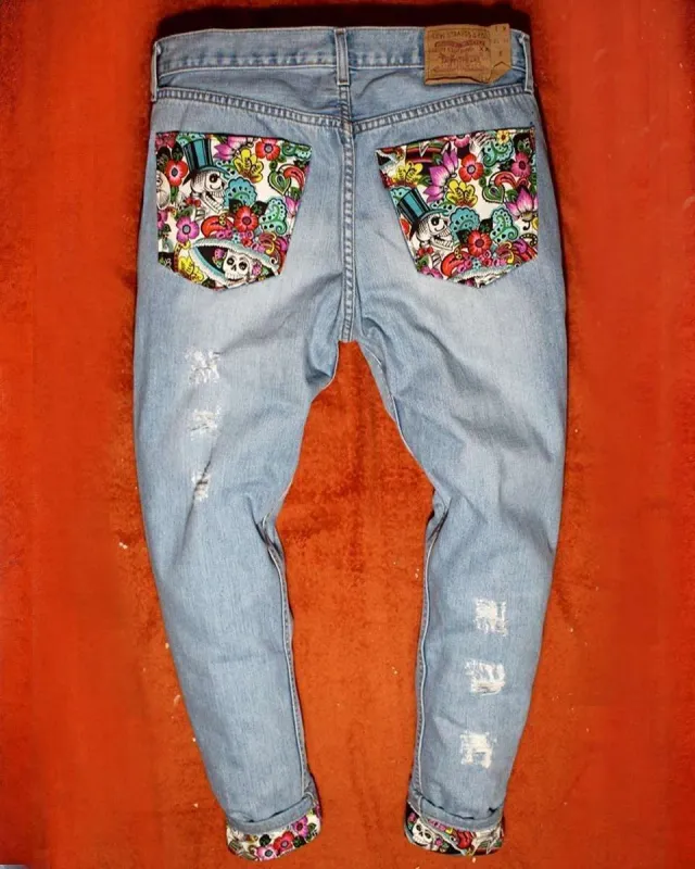 Levi's Vintage Jeans Custom Teschi Fiori Messicani