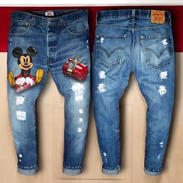 Never Say Never jeans Levi's vintage Topolino Dark dipinti a mano