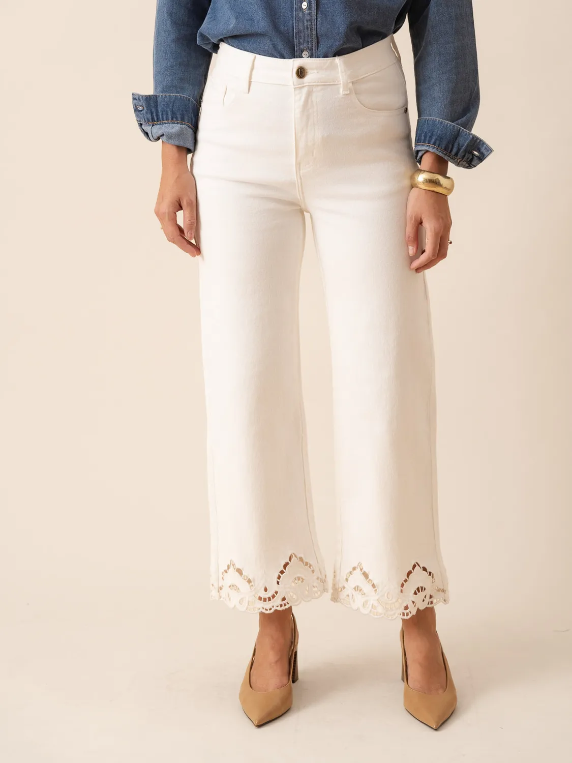 Oraije Nola jeans wide bianco pizzo inglese