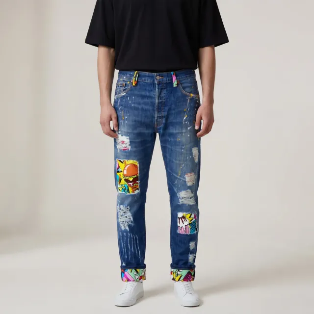 Never Say Never Pop Art Food jeans vintage tessuto personalizzato