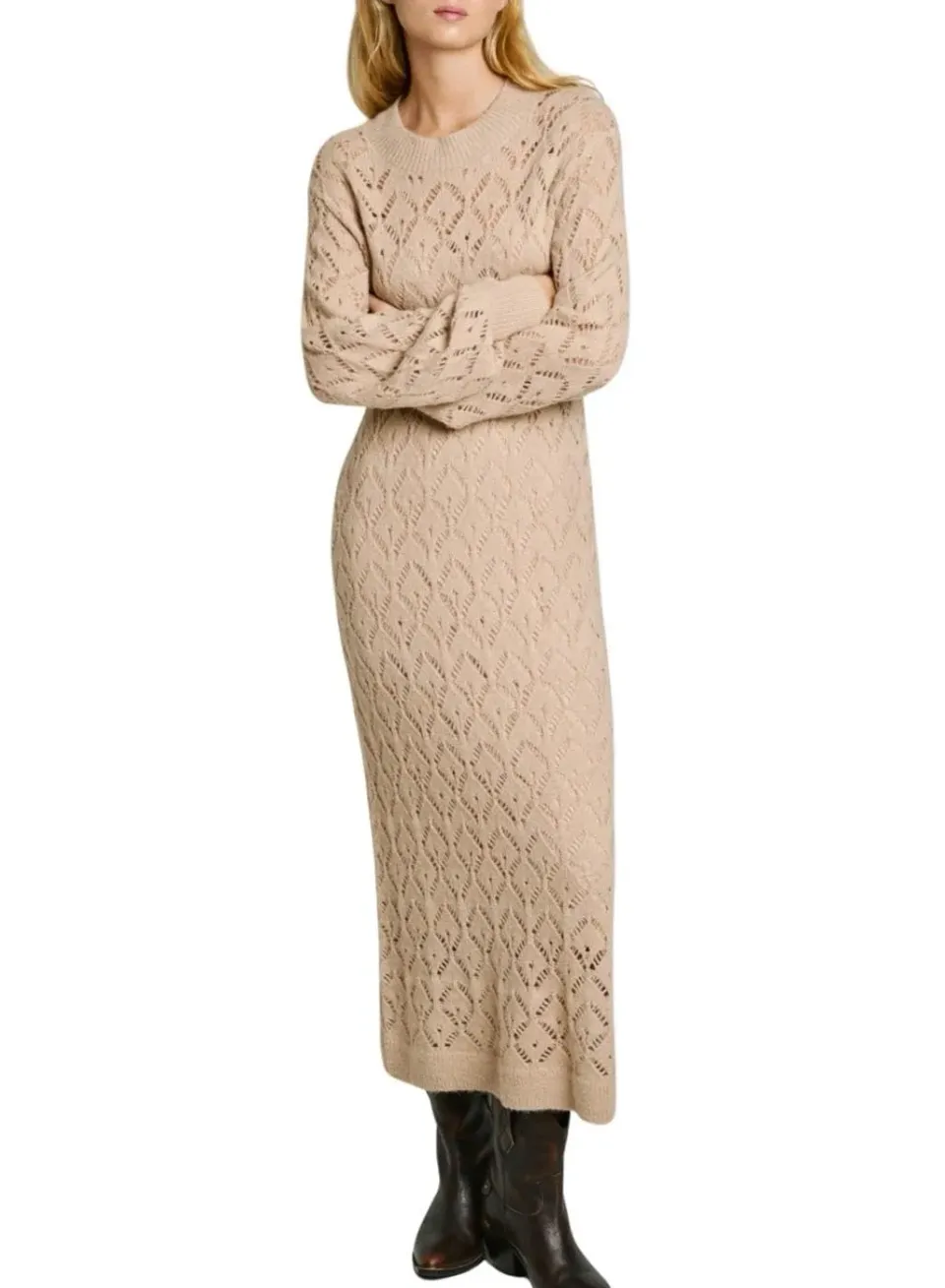 Pepe Jeans Hailey Vestito midi traforato grigio maniche lunghe