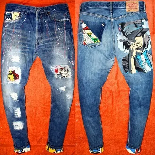 Levi's Vintage Jigen Lupin jeans dipinti a mano su misura