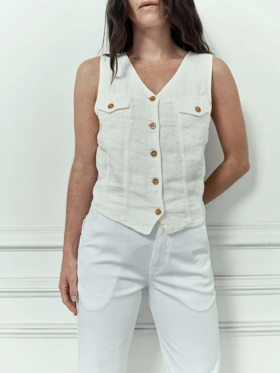 Acquaverde Trucker gilet lino white fresco