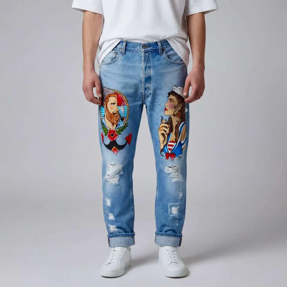 Never Say Never Levi's Vintage Jeans Marinaio Sailor Dipinto