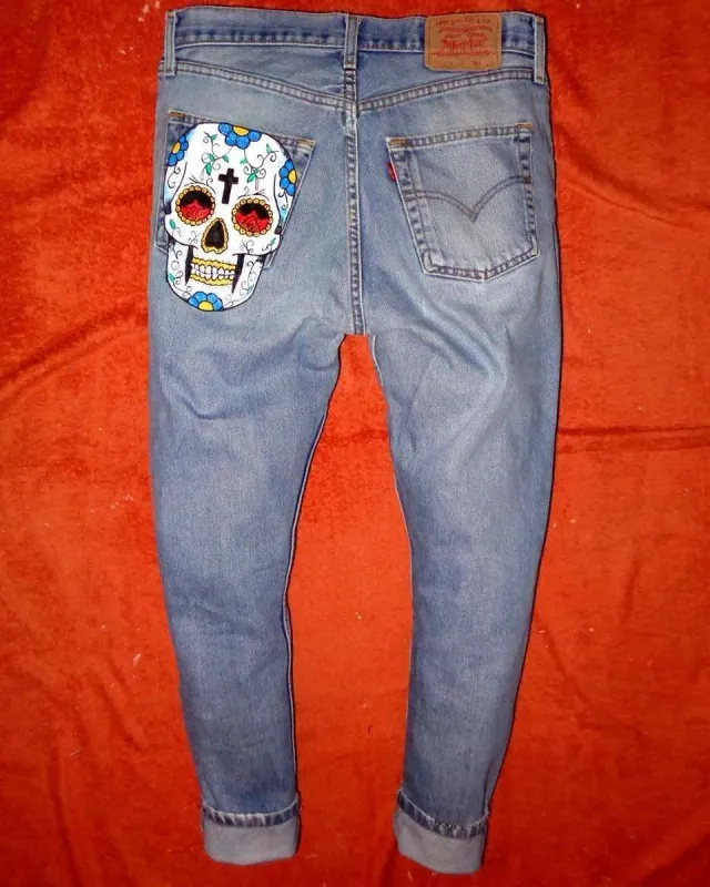 Never Say Never jeans Levi's vintage Teschio Bianco dipinti a mano