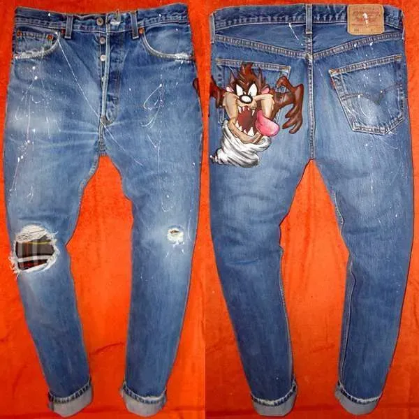 Never Say Never Taz jeans Levi's vintage dipinti su misura