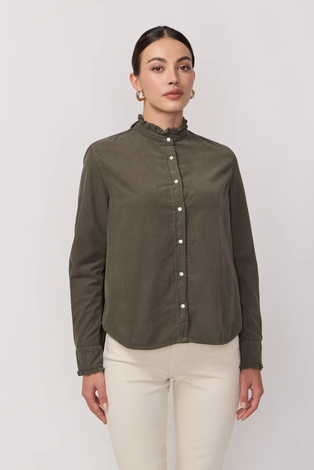 acquaverde Gaby camicia velluto verde collo volant