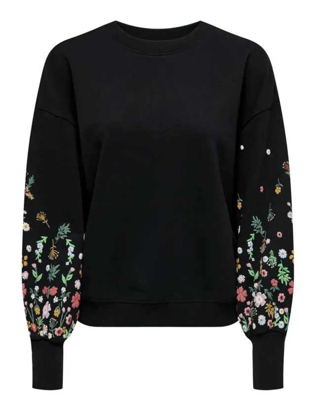 ONLY Onlbrooke L/S O-Neck felpa nera manica fiore