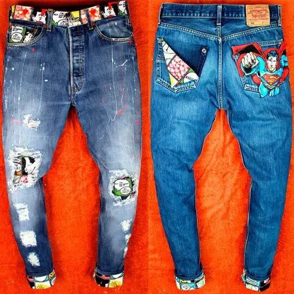 Never Say Never Superman jeans dipinti tessuto fumetto