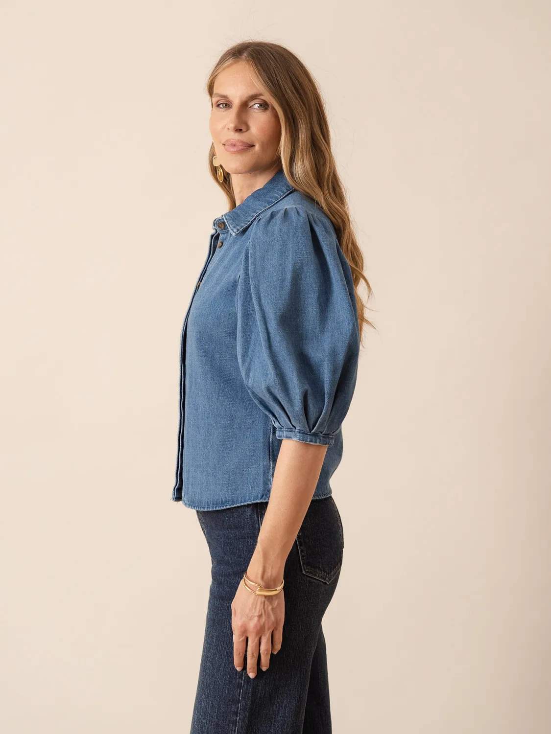 Oraije Cléa camicia denim blu stone maniche bouffantes