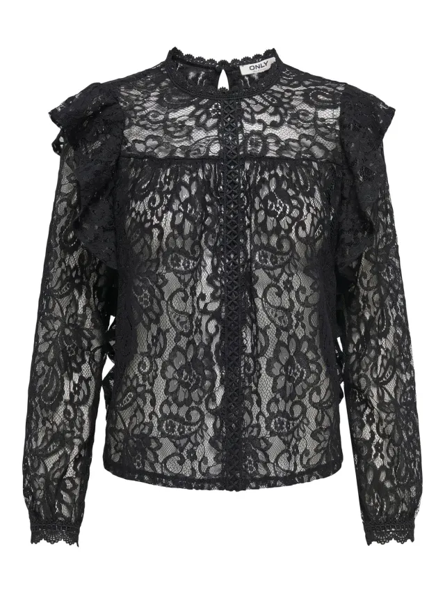 ONLY Onlnew Karo LS Lace Ruffle Top Wvn S Nero