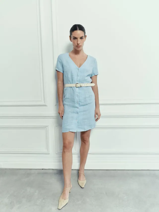Acquaverde Alena vestito lino azzurro midi