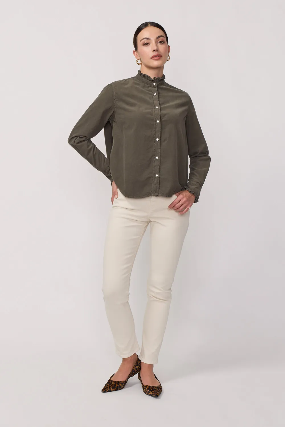 acquaverde Gaby camicia velluto verde collo volant