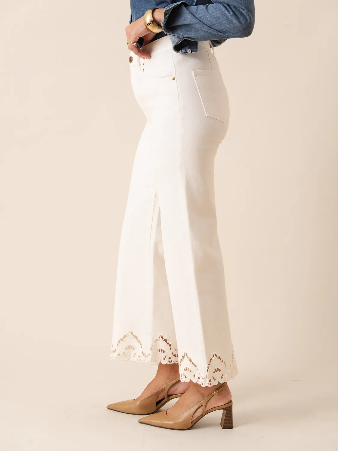 Oraije Nola jeans wide bianco pizzo inglese