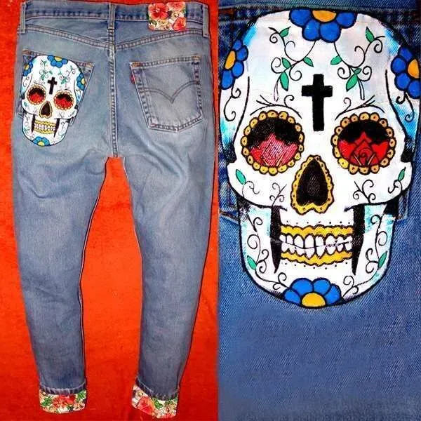 Never Say Never Levi's Vintage Teschio Messicano Bianco Jeans Dipinti a Mano