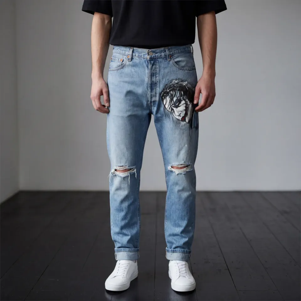 Levi's Vintage Joker Oscuro jeans dipinti a mano on leg