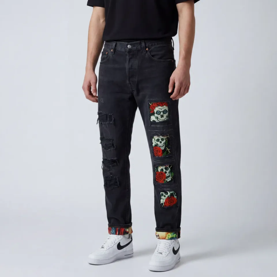 Levi's Vintage jeans black personalizzato teschi rose