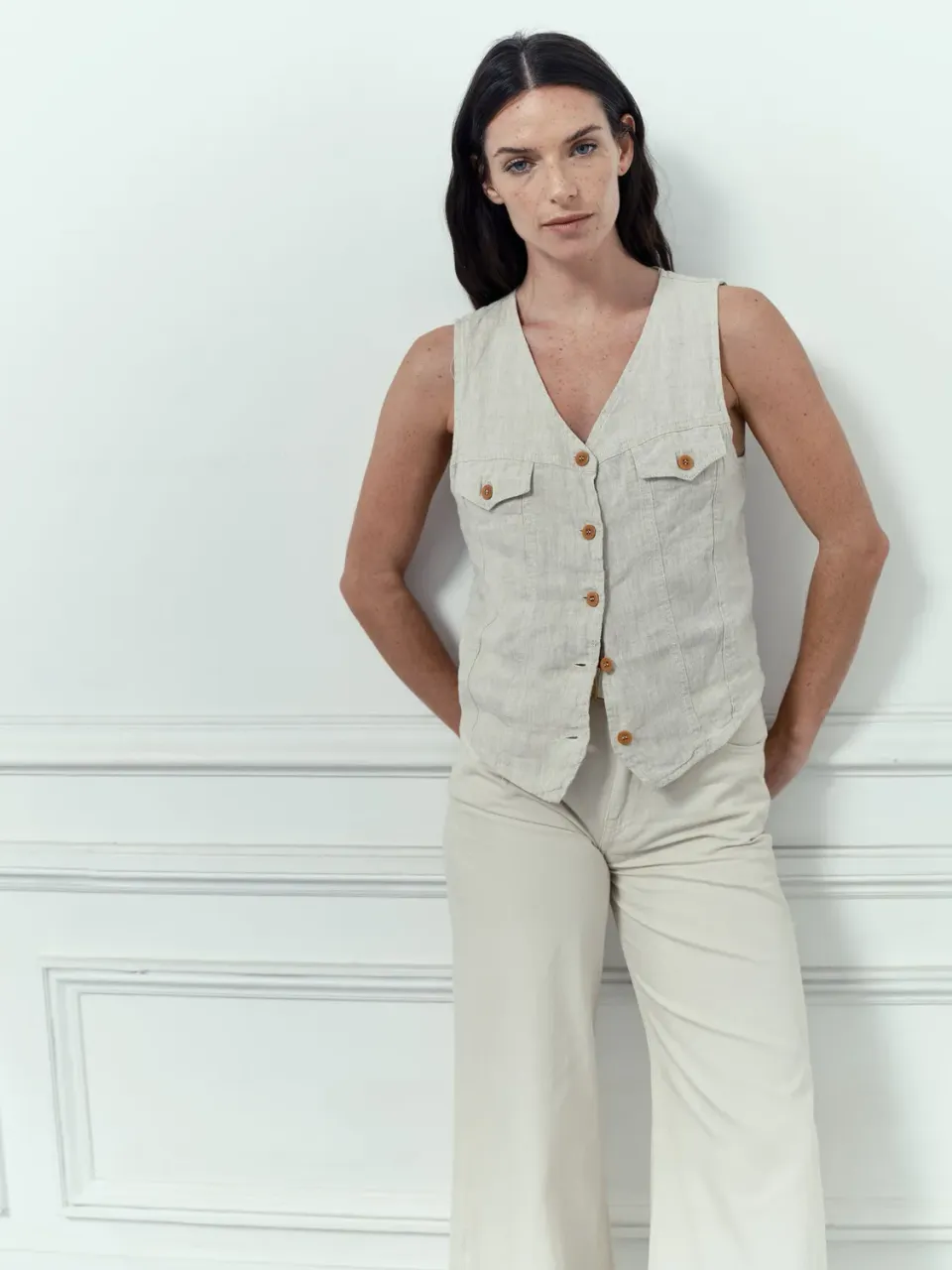 Acquaverde Trucker gilet lino Natural taglio dritto