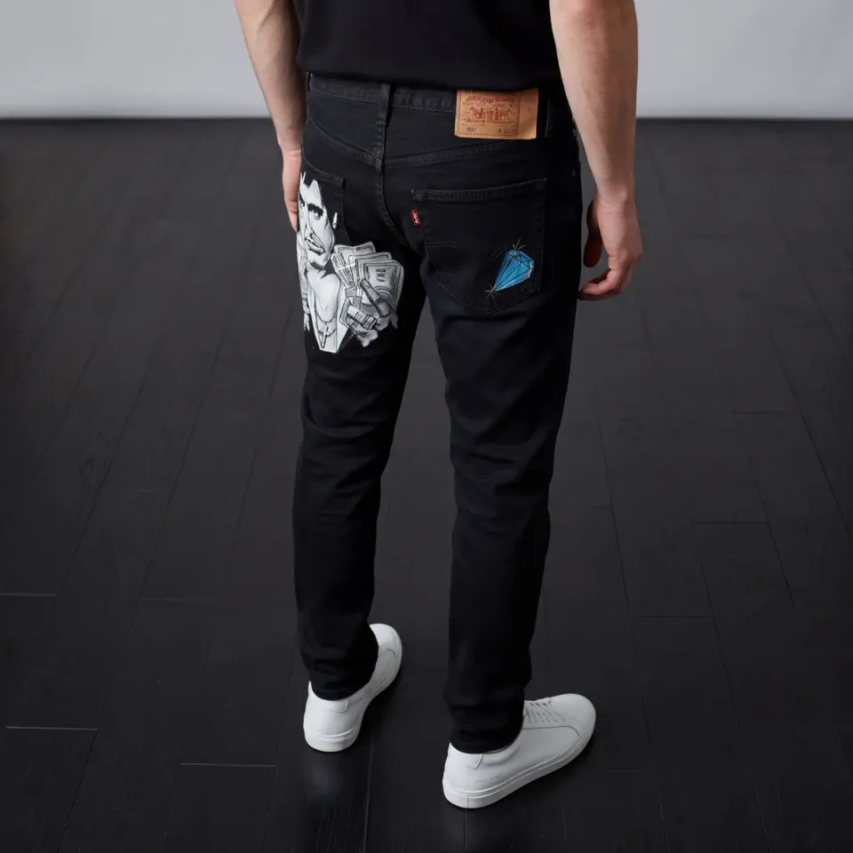 Never Say Never Scarface jeans dipinti a mano neri vintage