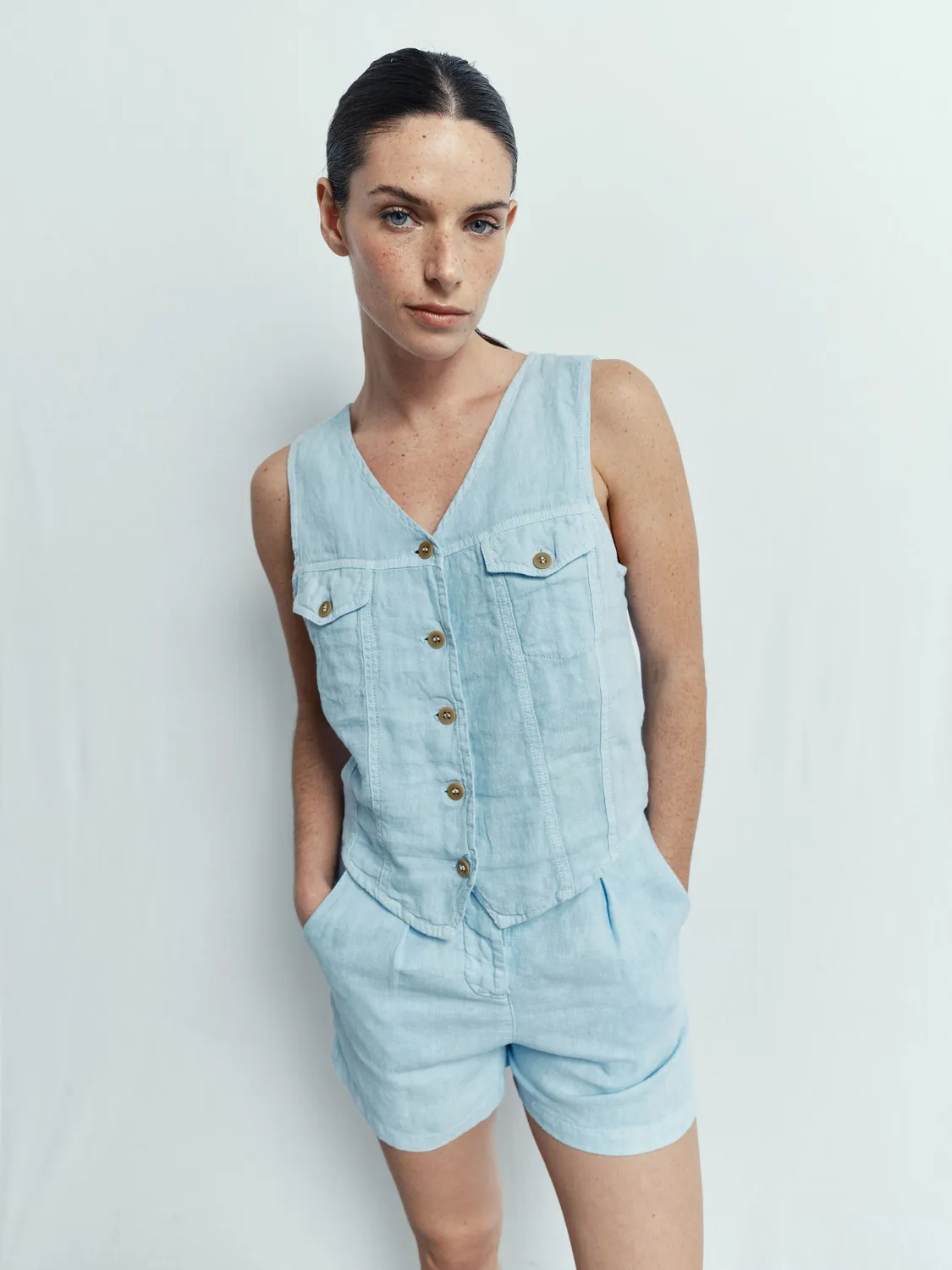 Acquaverde Trucker gilet lino Sky Blue leggero
