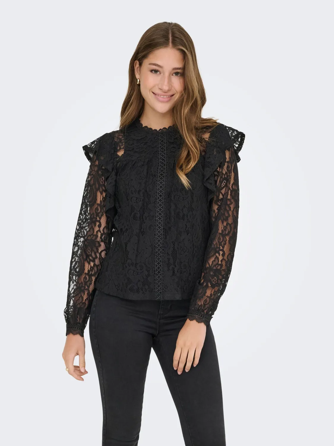 ONLY Onlnew Karo LS Lace Ruffle Top Wvn S Nero