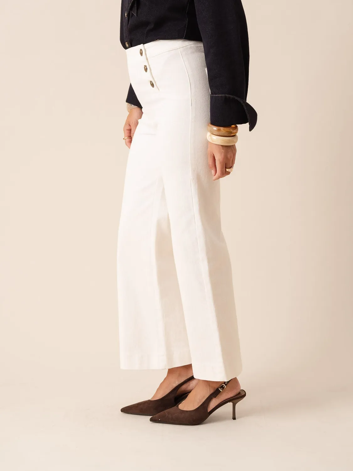 Oraije Victorine jeans wide bianchi bottoni a ponte