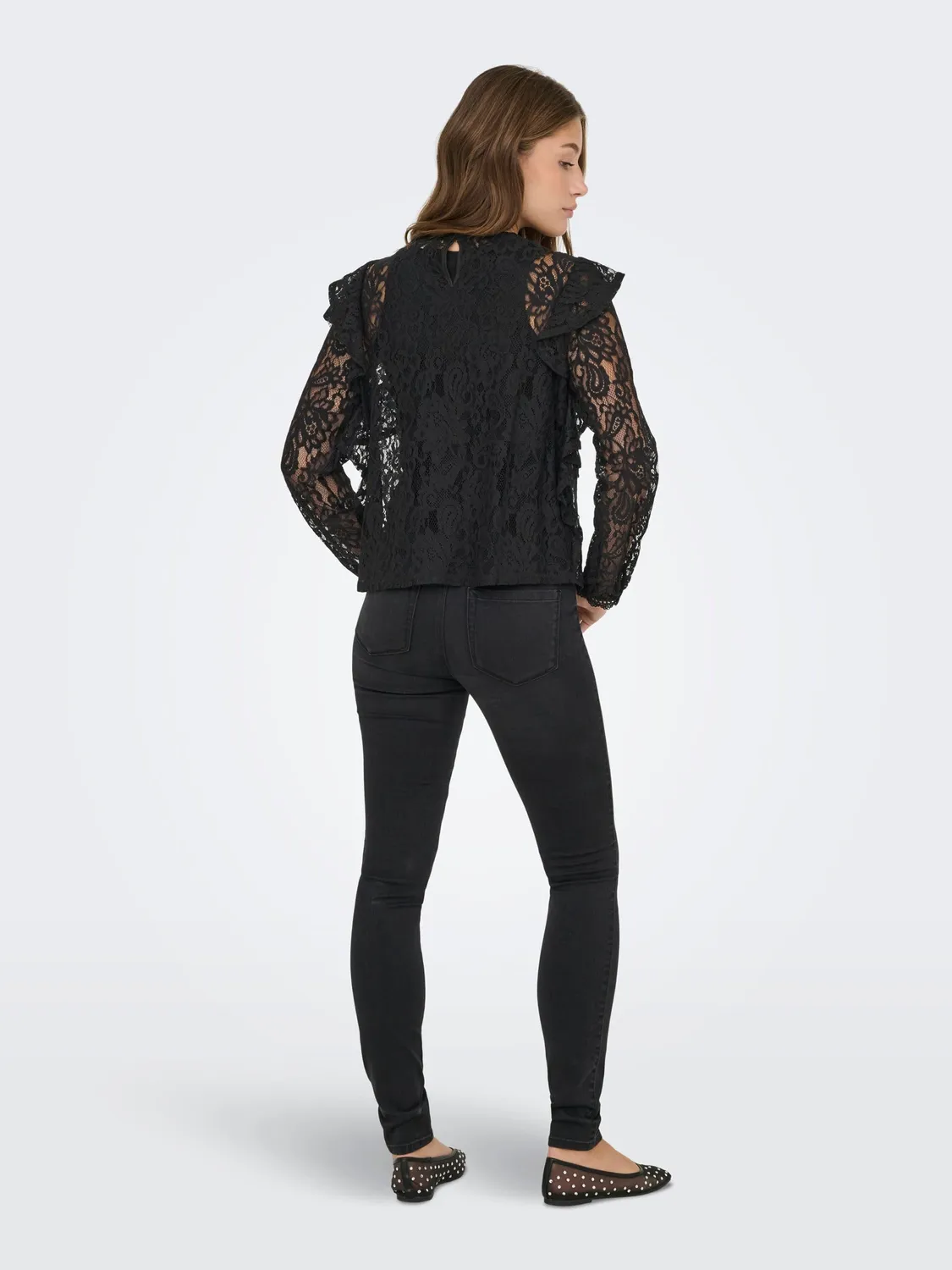 ONLY Onlnew Karo LS Lace Ruffle Top Wvn S Nero