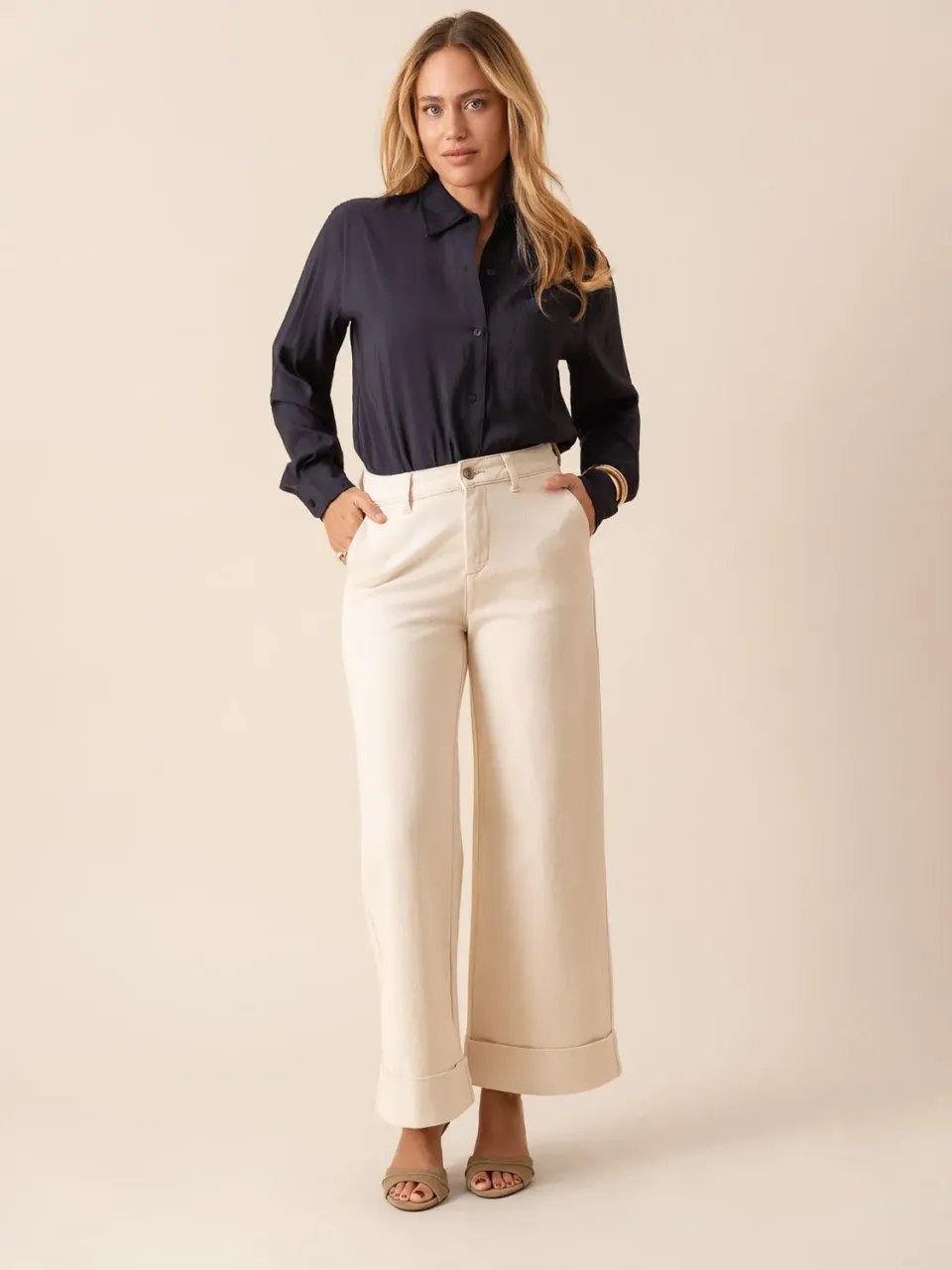 Oraije Vichy jeans wide beige naturale cotone