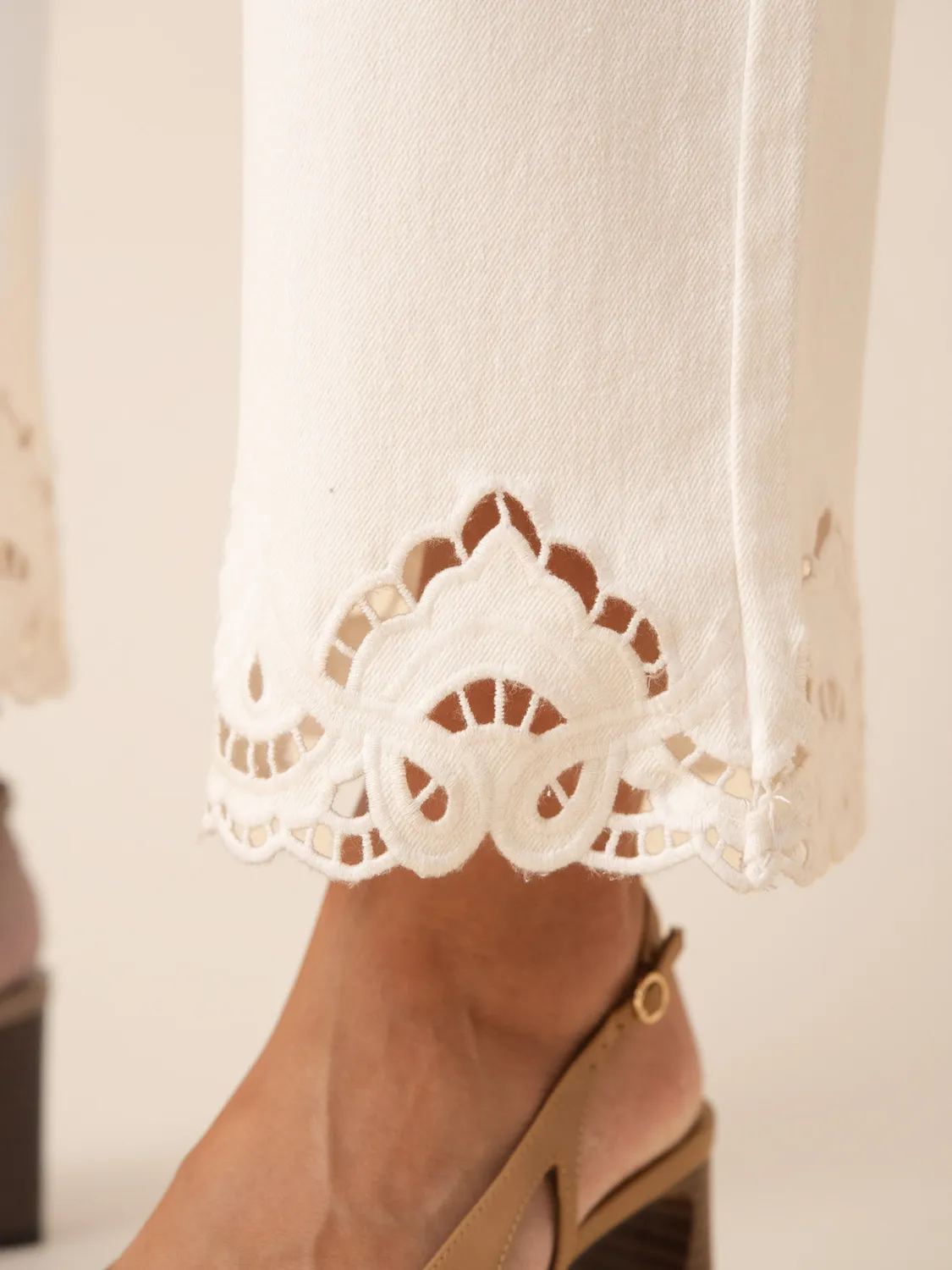 Oraije Nola jeans wide bianco pizzo inglese